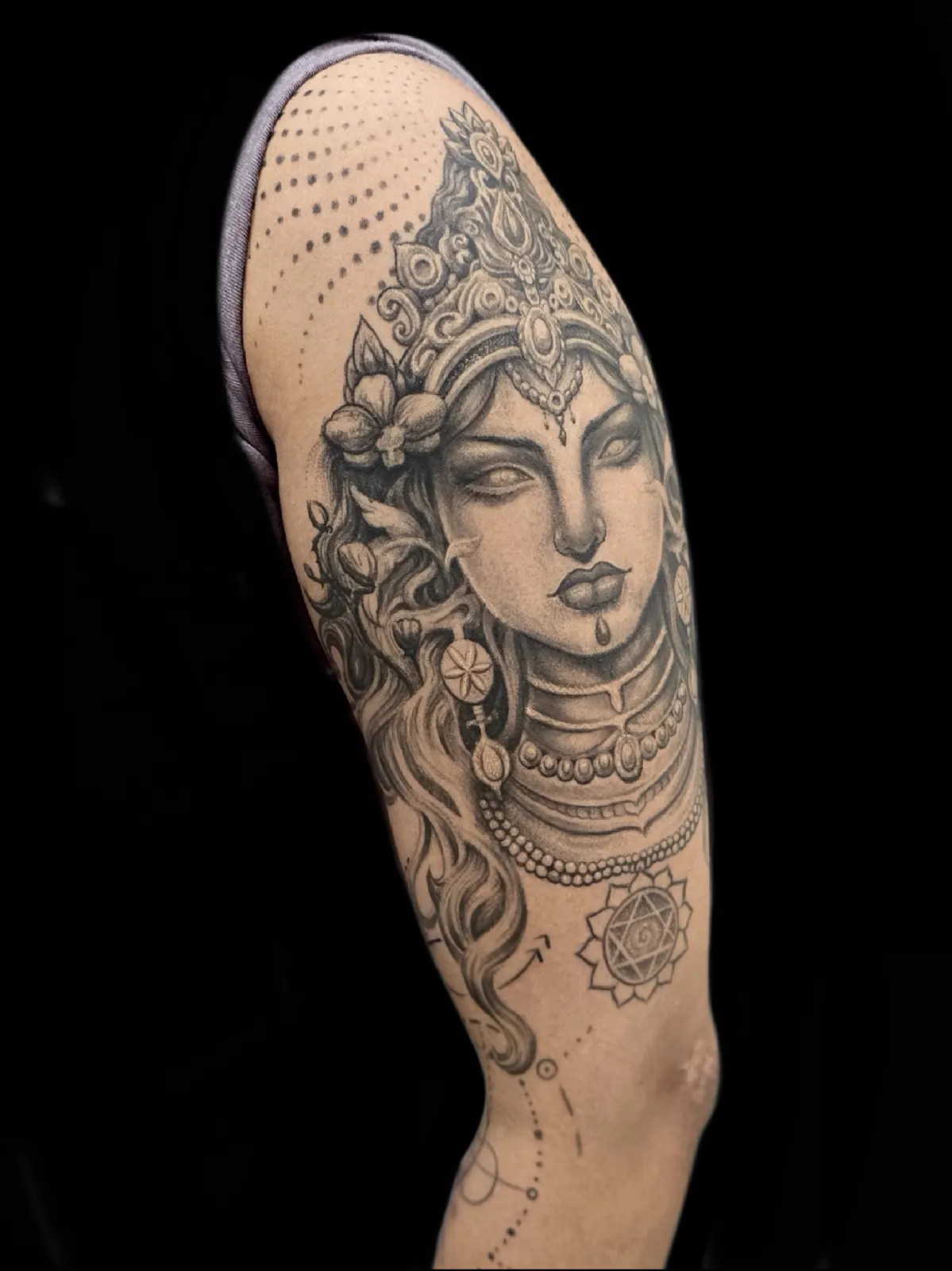 Black and grey goddess portrait half sleeve
